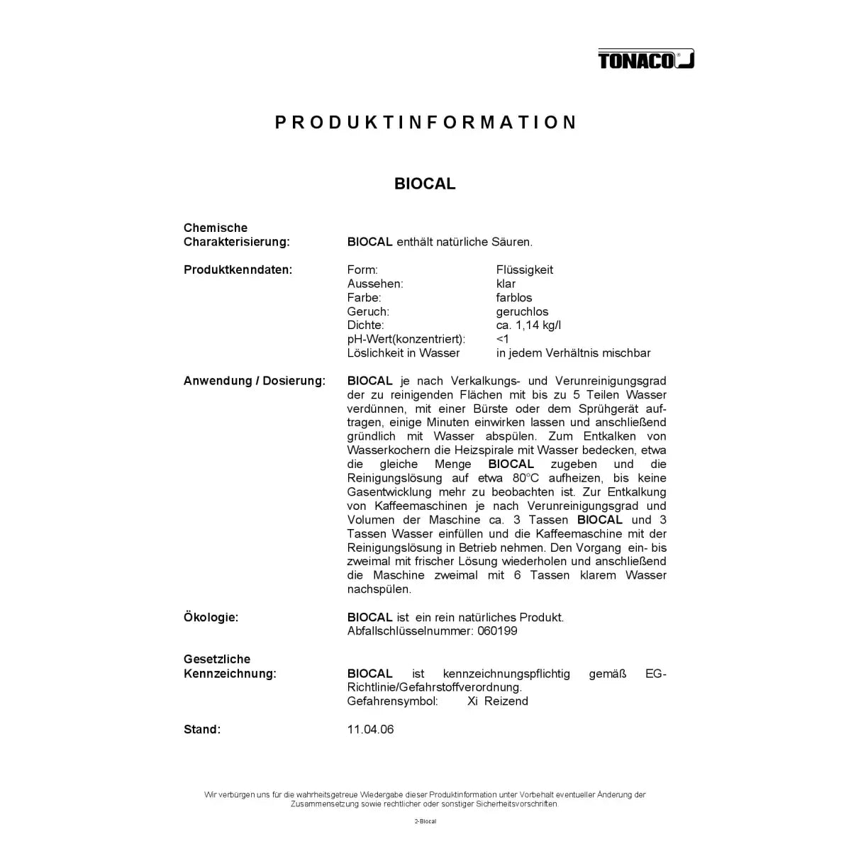 BIOCAL Saurer Reiniger für Entkalkung hochkonzentriert