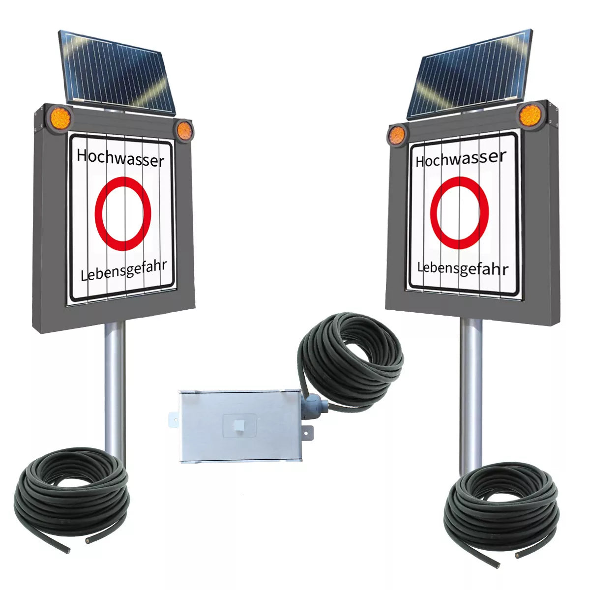 Hochwasserwarnsystem, Set mit 2 Prismenschilder und Flutsensor, mit Solar