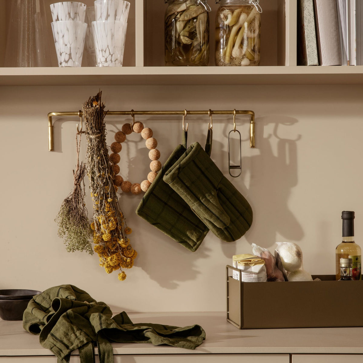 Brass Kitchen Rod with Hooks