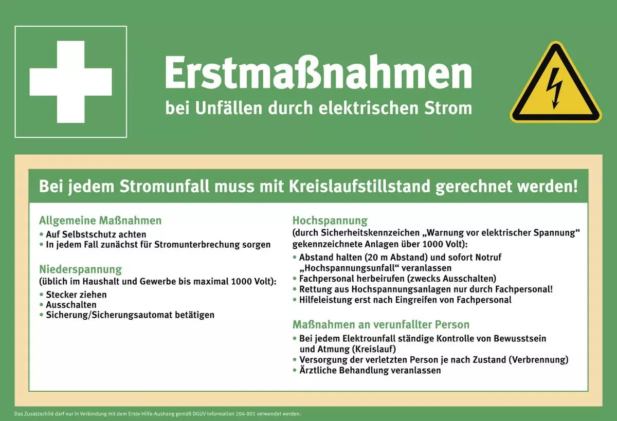 Zusatzschild Erstmaßnahmen bei Unfällen mit elektr. Strom, PVC, 410x280 mm