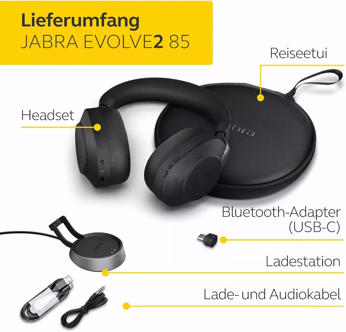 Jabra Evolve2 85 Headset, Stereo, kabellos, schwarz Bluetooth