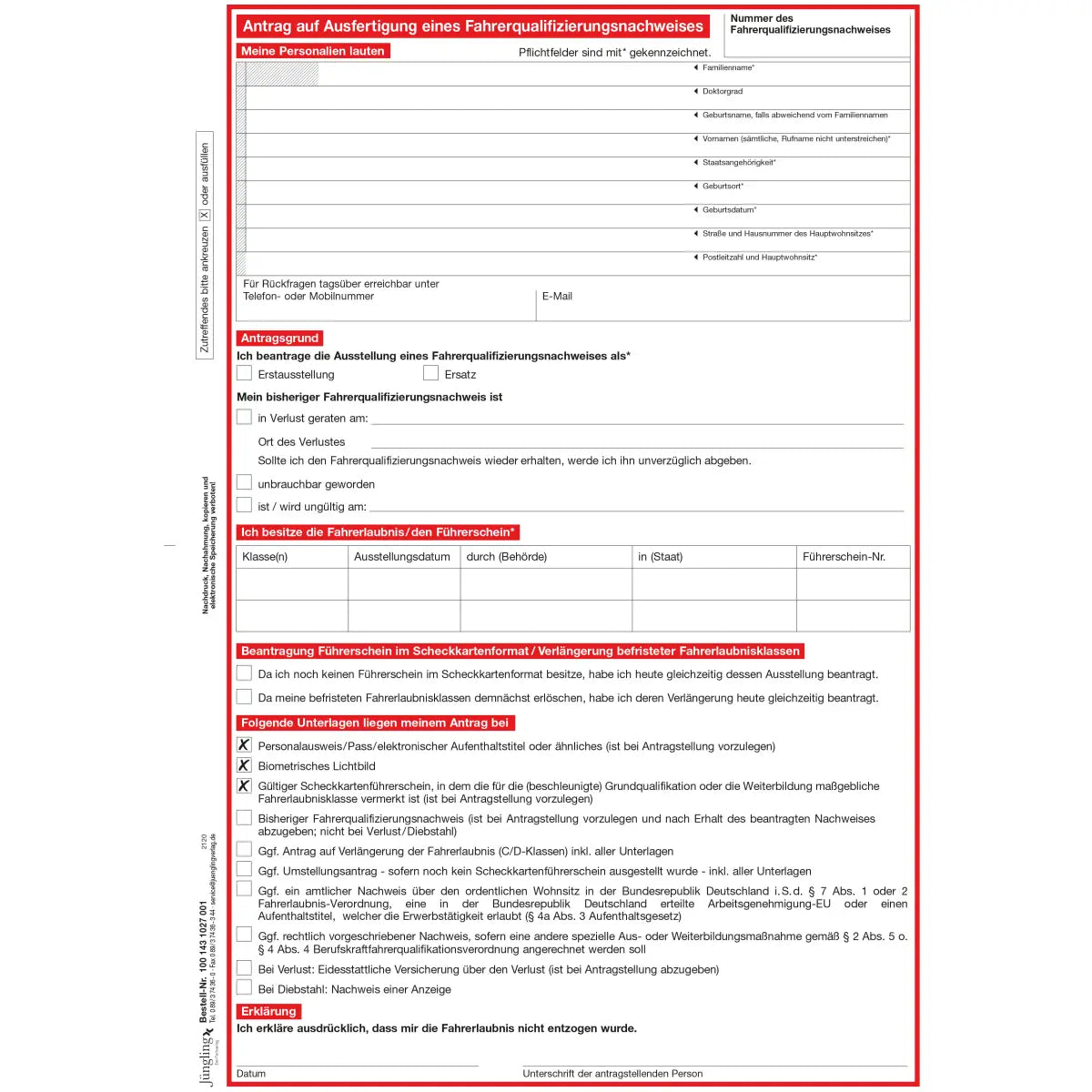 Antrag auf Ausfertigung eines Fahrerqualifizierungsnachweises