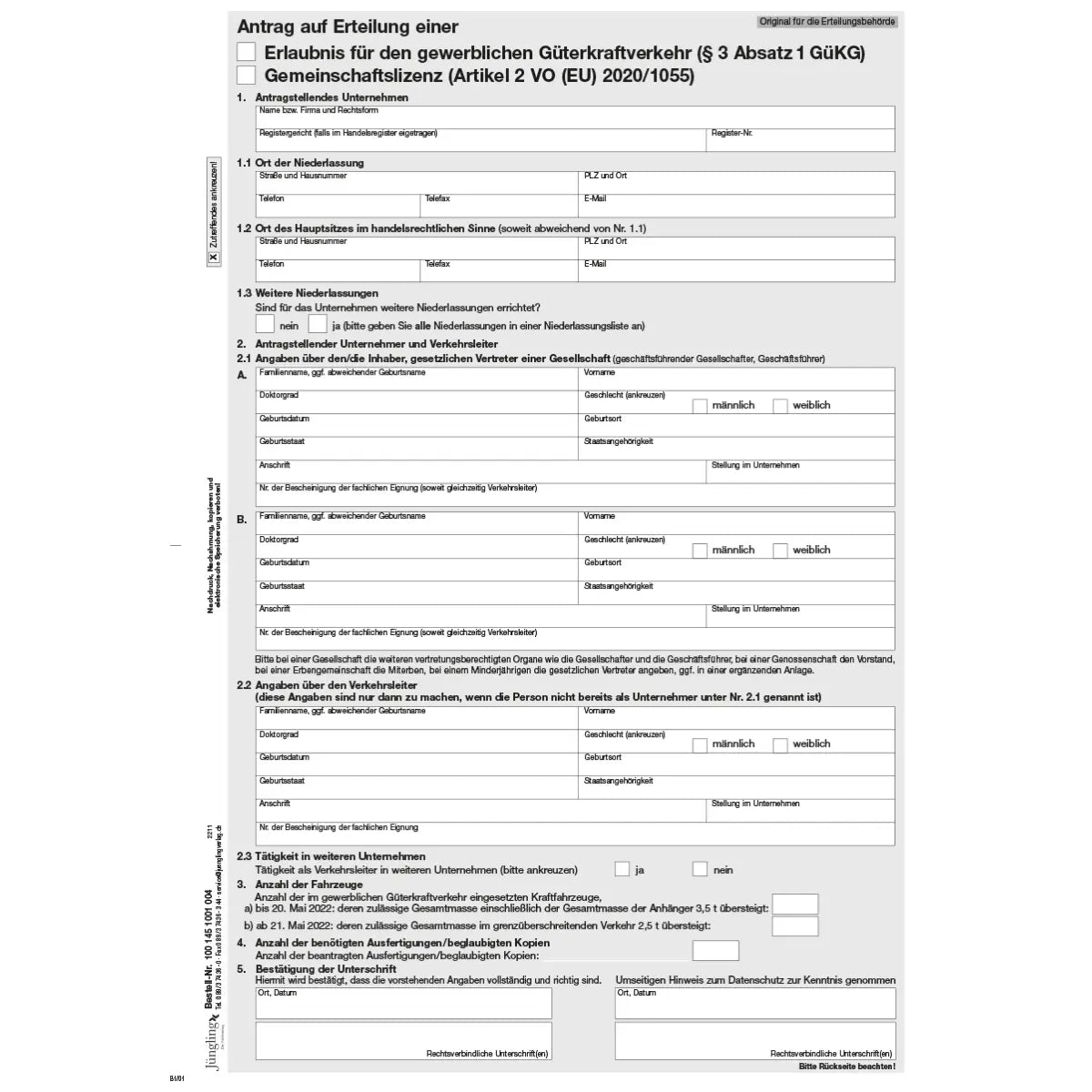 Antrag auf Erlaubnis gewerblicher Güterkraftverkehr / Gemeinschaftslizenz, A4, 4-fach