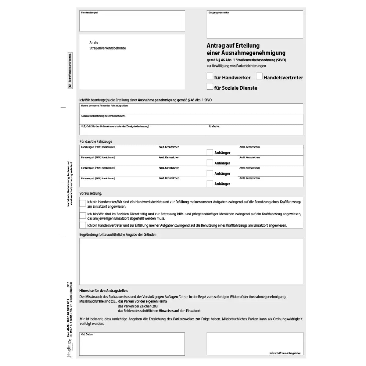 Antrag auf Erteilung einer Ausnahmegenehmigung gem. § 46 (1) StVO Handwerker/Handelsvertreter/Soziale Dienste, A4