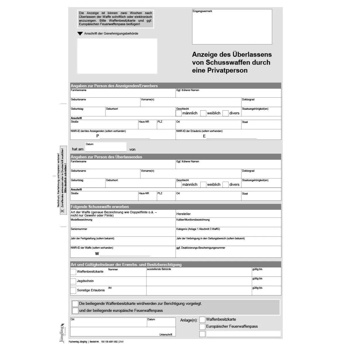 Anzeige der Überlassung einer Waffe durch eine Privatperson, A4, 2-fach SD