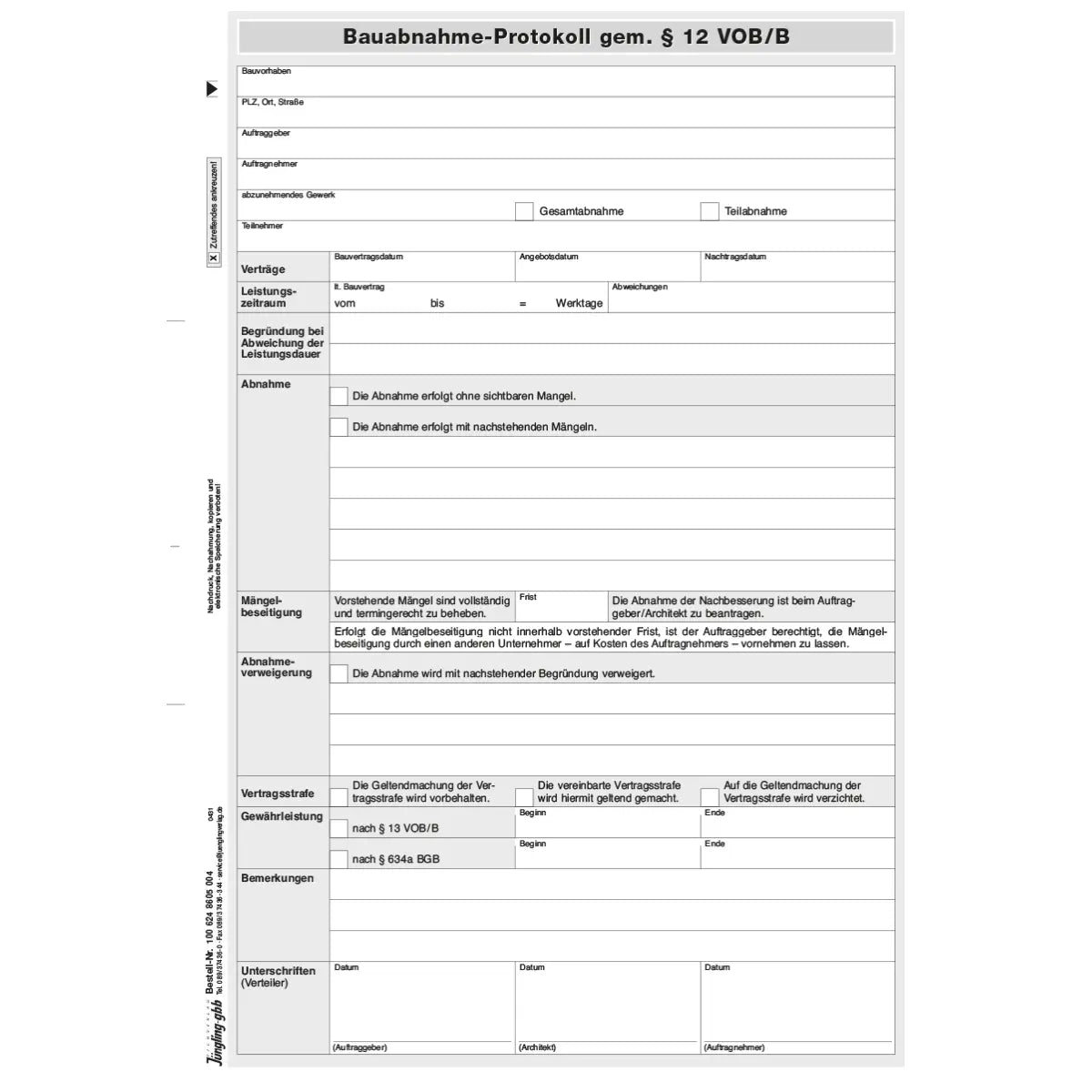 Bauabnahme-Protokoll gem. § 12 VOB/B, A4 4-fach