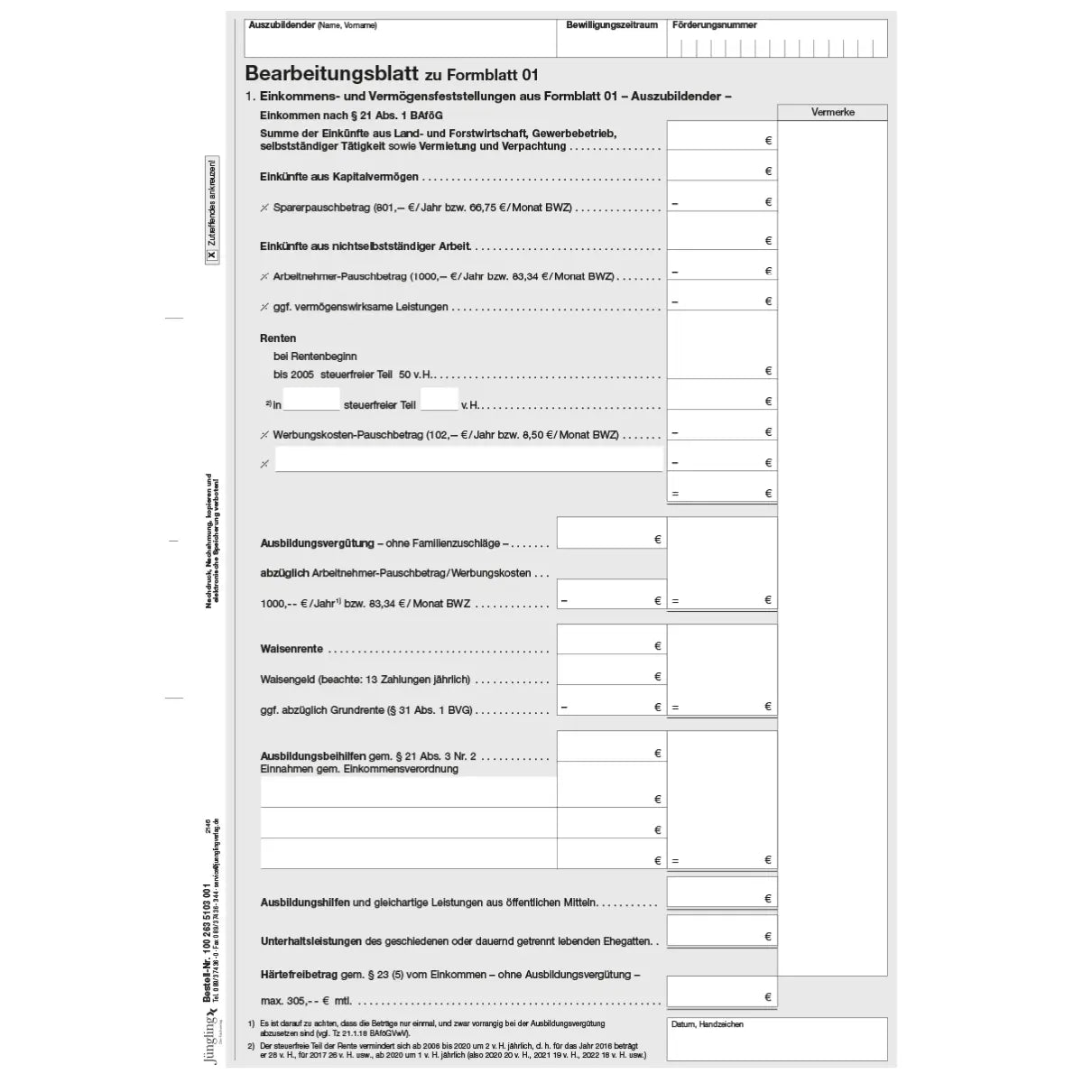 Bearbeitungsblatt Berechnung Einkommen Azubi und Eltern / Ehegatte zu Formblatt 01 und 03, A4, 4-seitig