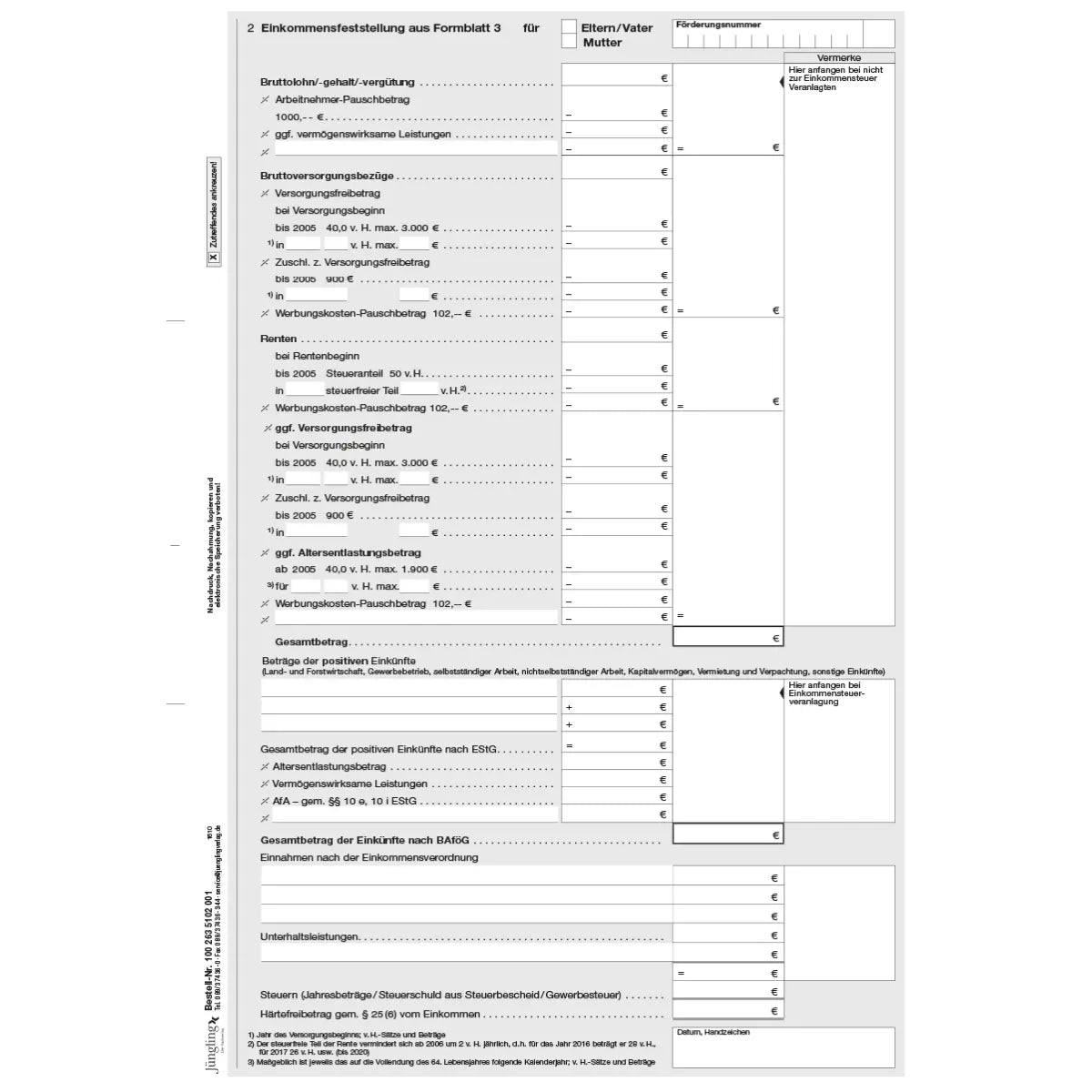 Bearbeitungsblatt Berechnung Einkommen Eltern / Ehegatte zu Formblatt 03, A4 2-seitig