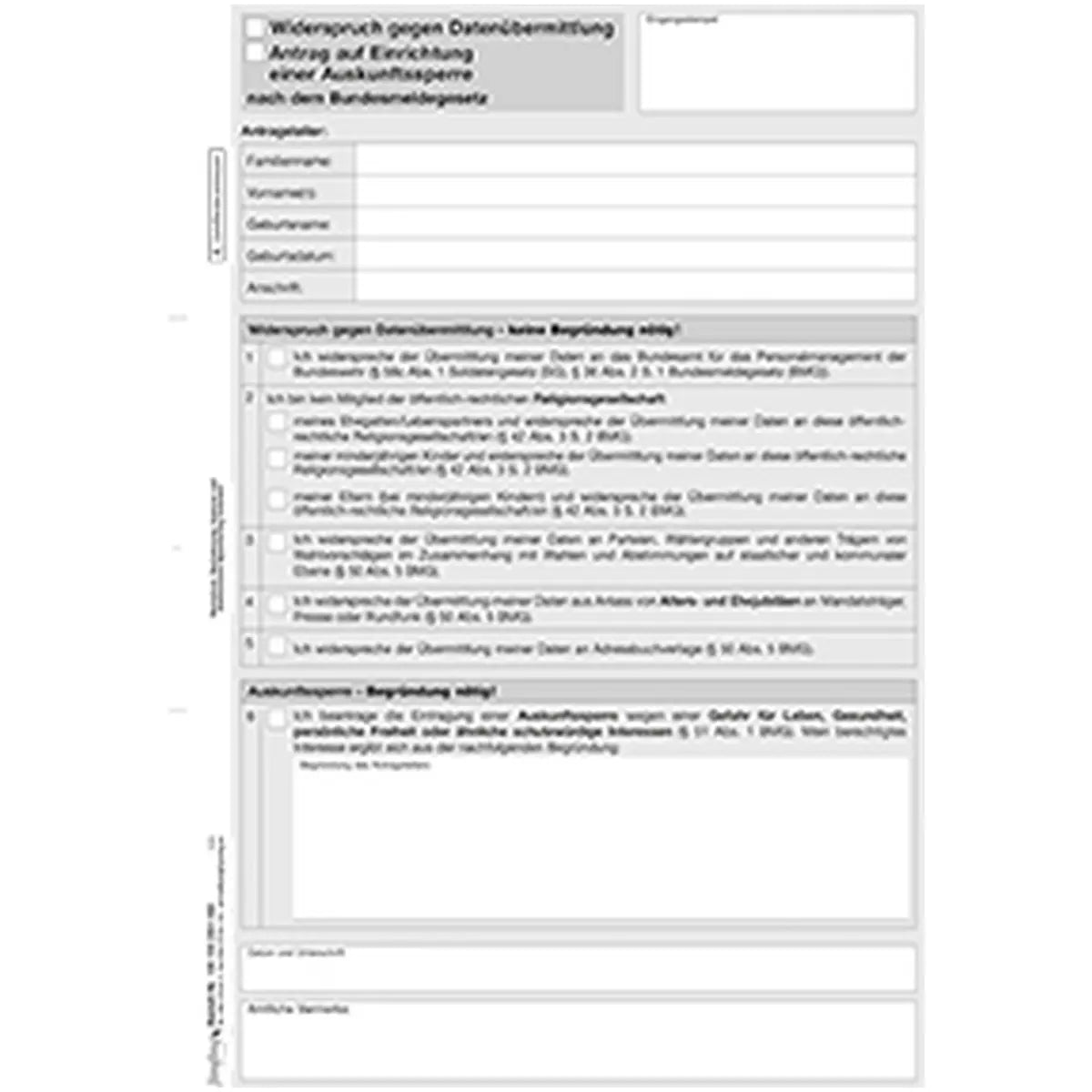 Einrichtung einer Auskunfts- bzw. Übermittlungssperre, A4, 2-fach