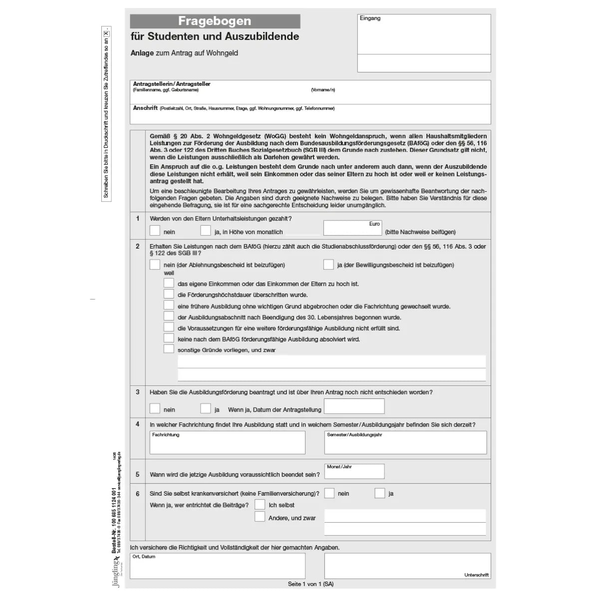Fragebogen für Studenten und Auszubildende (Anlage zum Antrag auf Wohngeld), A4
