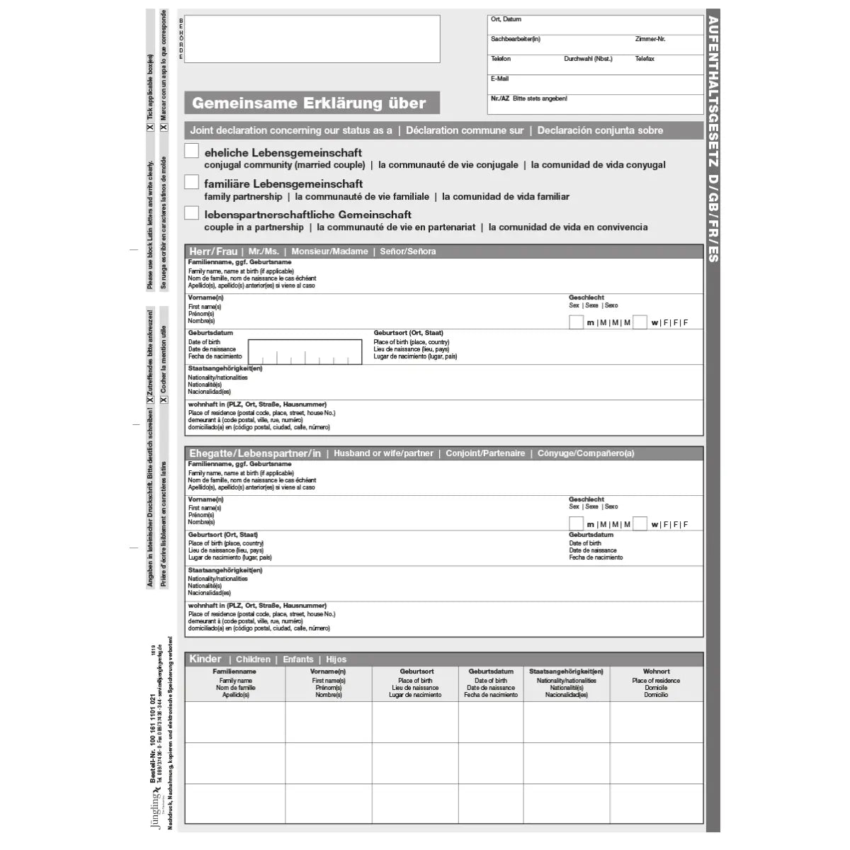 Gemeinsame Erklärung zur (Lebens)gemeinschaft, Deutsch-Englisch-Französisch-Spanisch, A4