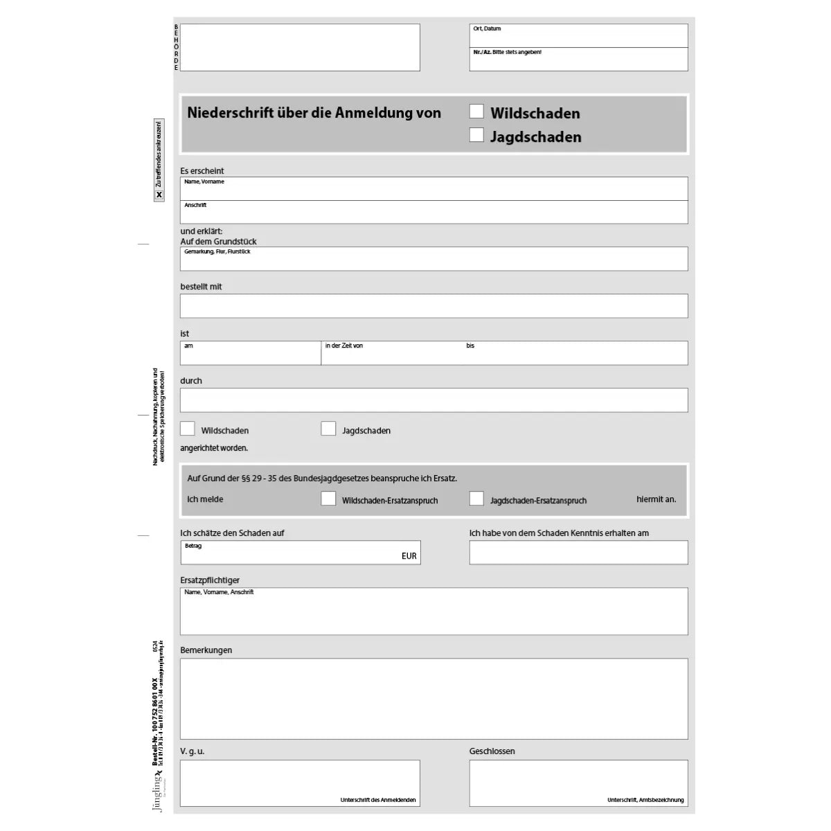 Niederschrift, Anmeldung von Wild- / Jagdschaden, A4, 1fach, CFB