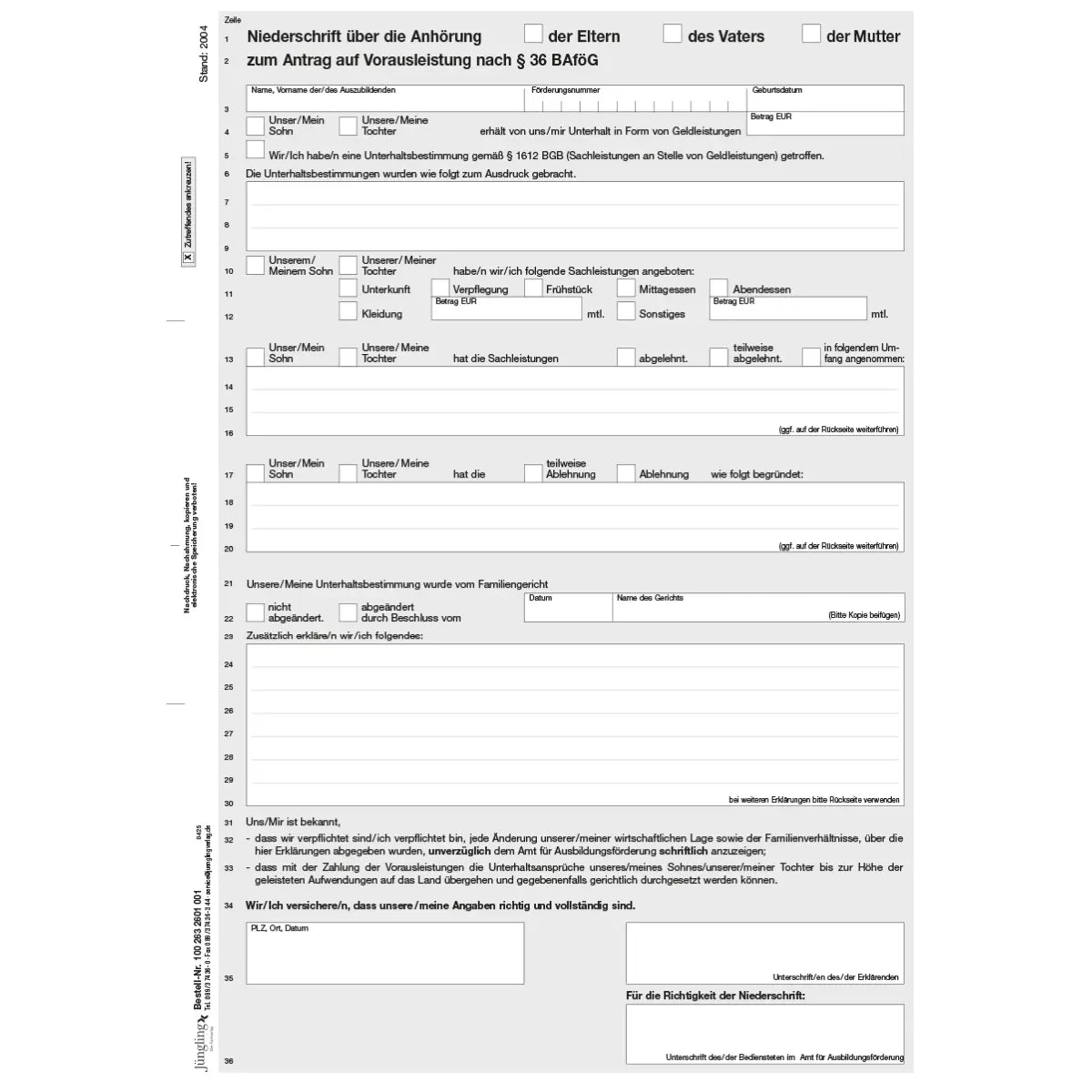 Niederschrift über die Anhörung zum Antrag auf Vorausleistungen (§ 36 BAföG) - Formblatt 8, A4