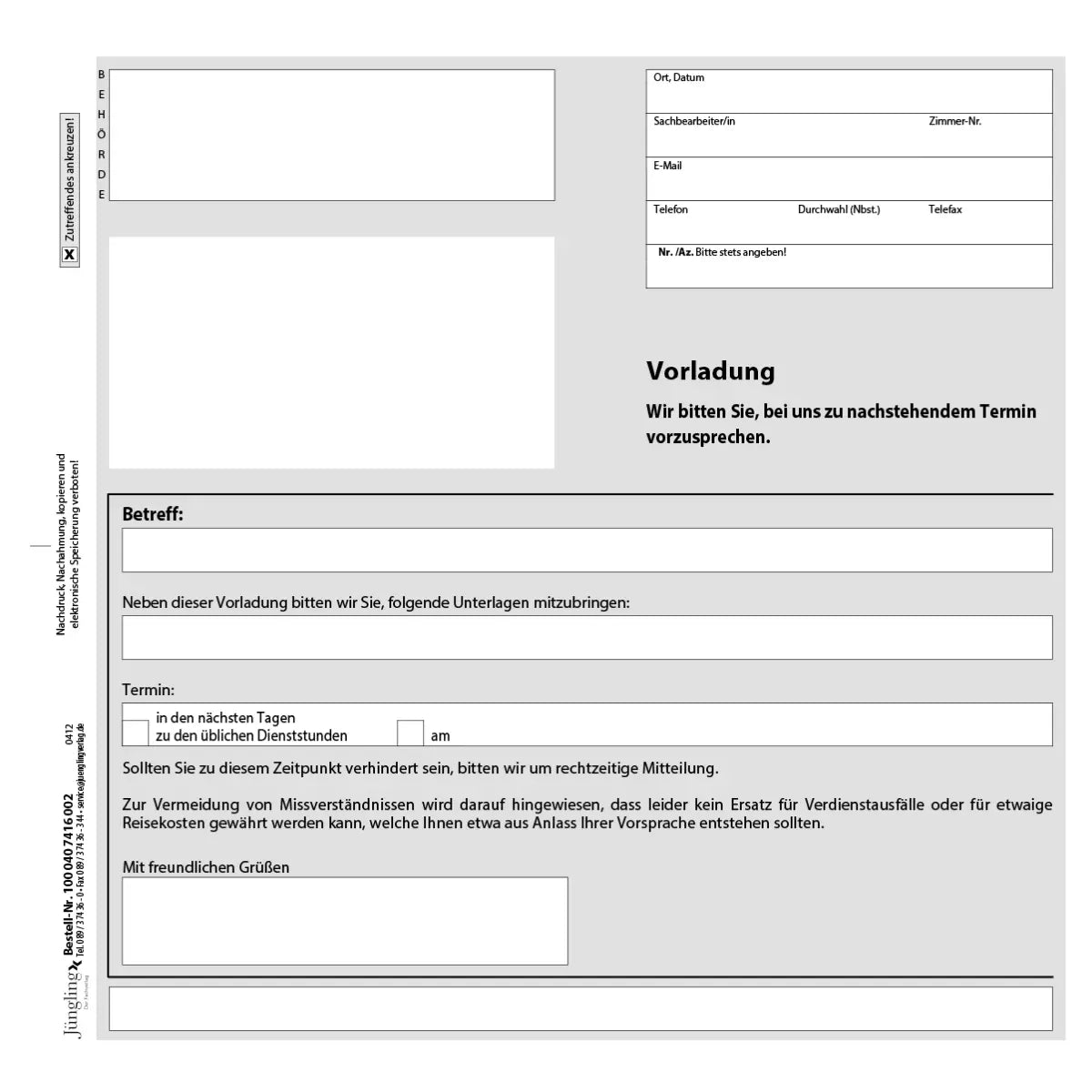 Terminvereinbarung (Vorladung), 2/3 DIN A4, 2-fach SD