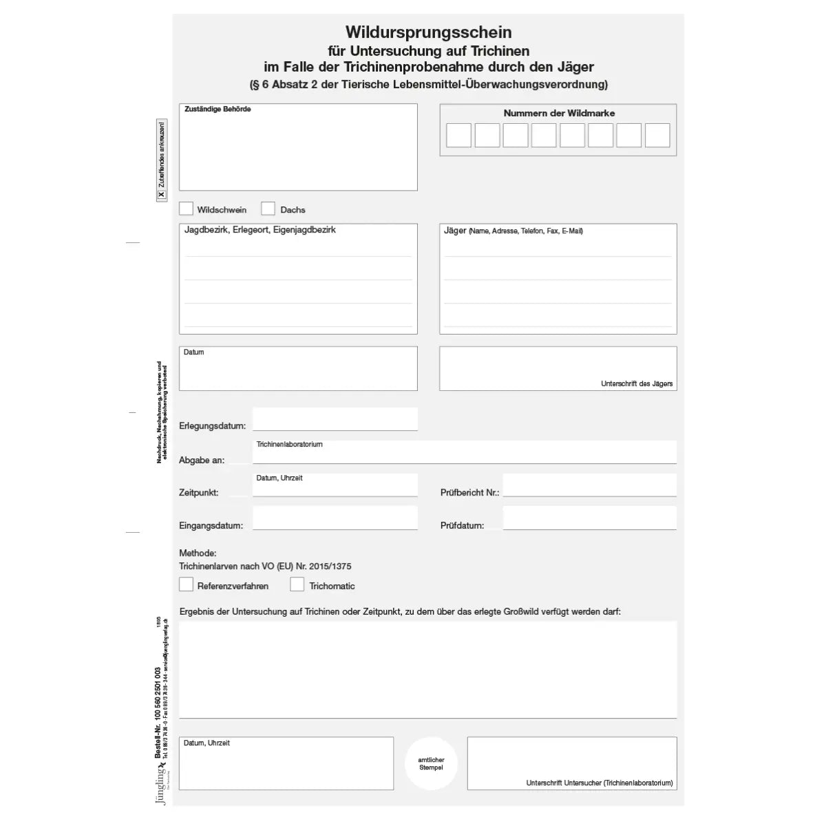 Wildursprungsschein, DIN A4, 3-fach, VO (EU) 2015/1375