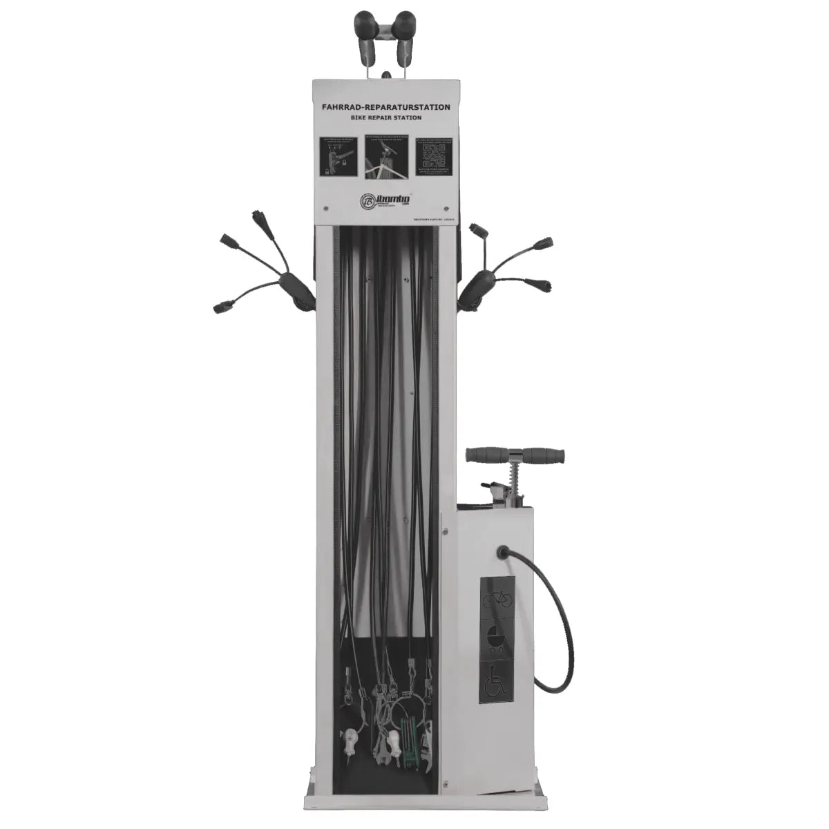 Fahrrad-Reparaturstation mit Kabelset A, Edelstahl, pulverbeschichtet in RAL 5015 (blau)