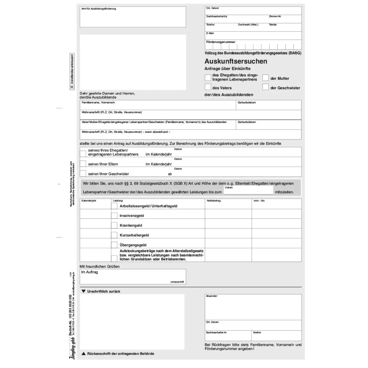 Auskunft über den Bezug von Lohnersatzleistungen des Ehegatten, der Mutter, des Vaters, der Geschwister, A4, 2-fach SD
