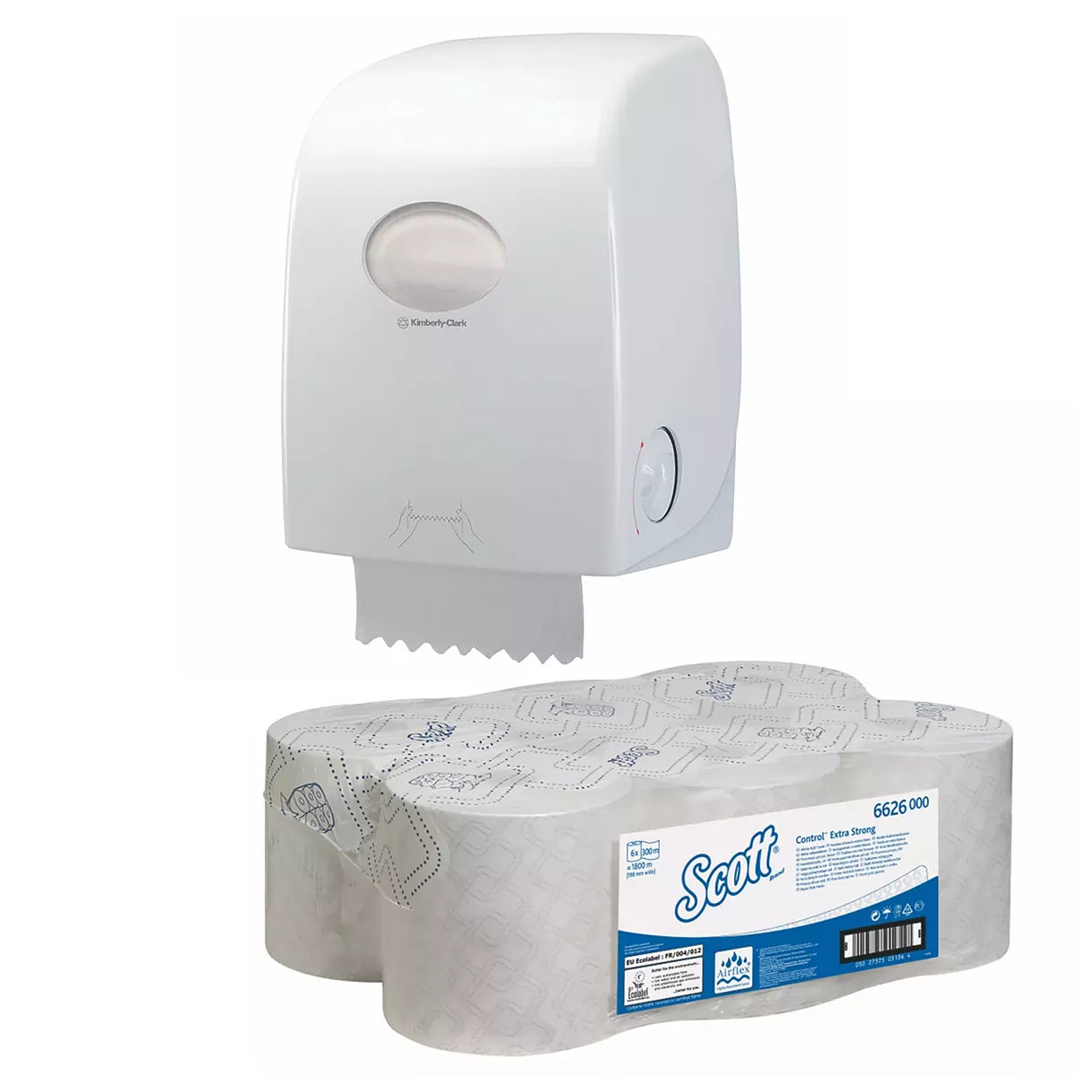 Rollenhandtuchspender-Set mit 6 RL Scott Essential Rollenhandtuch 1-lagig extra Strong (300 Meter pro Rolle)