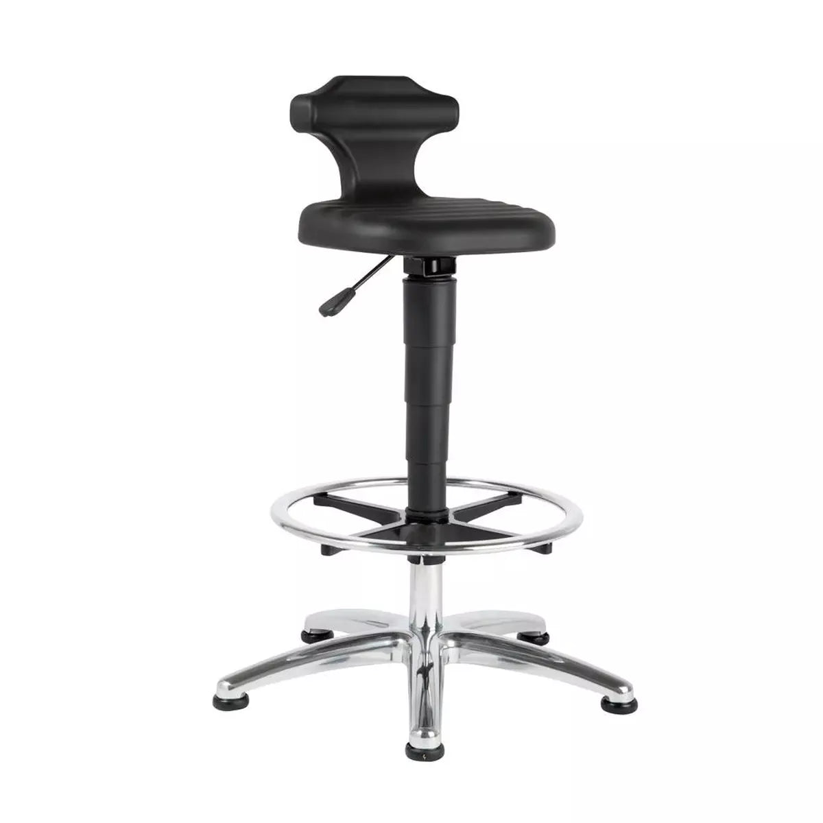 ESD Arbeitshocker mit Gleitern+Ring, Sitzfläche aus schwarzem PU-Schaum, Sitz Höhe 510-780mm, Fußring höhenverstellbar