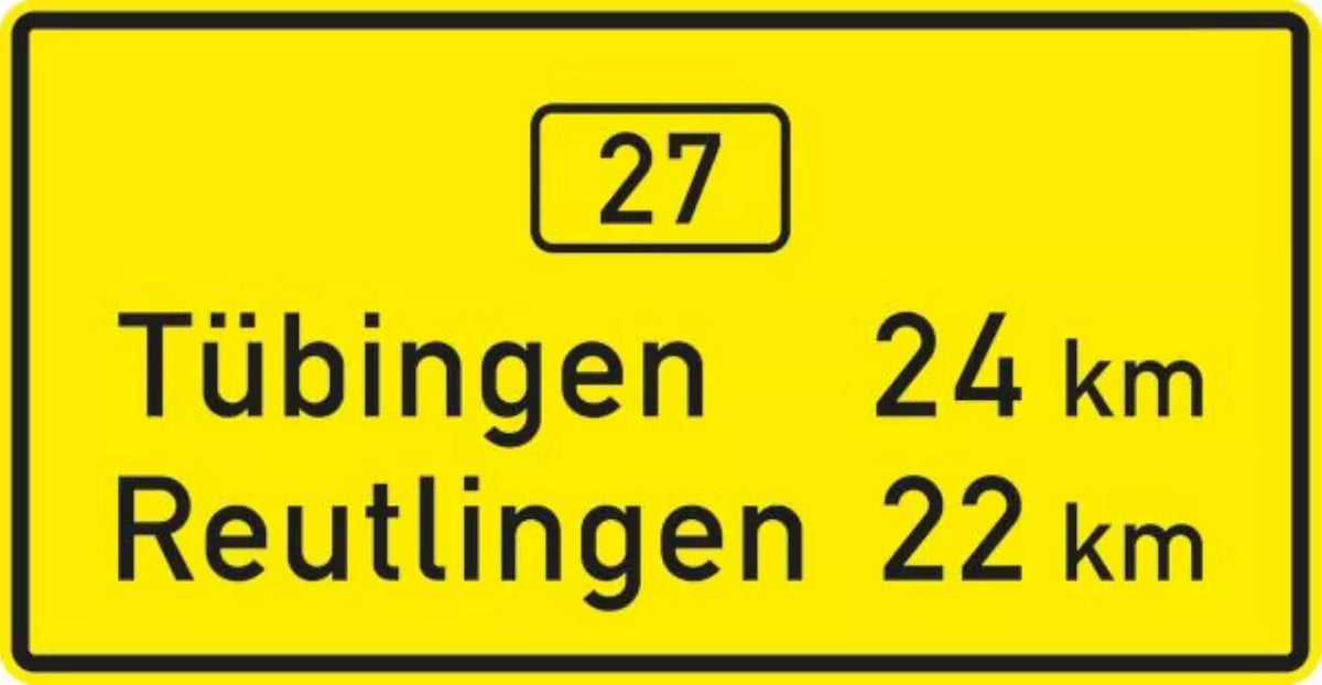 Verkehrszeichen VZ453-50 Entfernungstafel auf autobahnähnlich ausgebauten, zweibahnigen Straßen