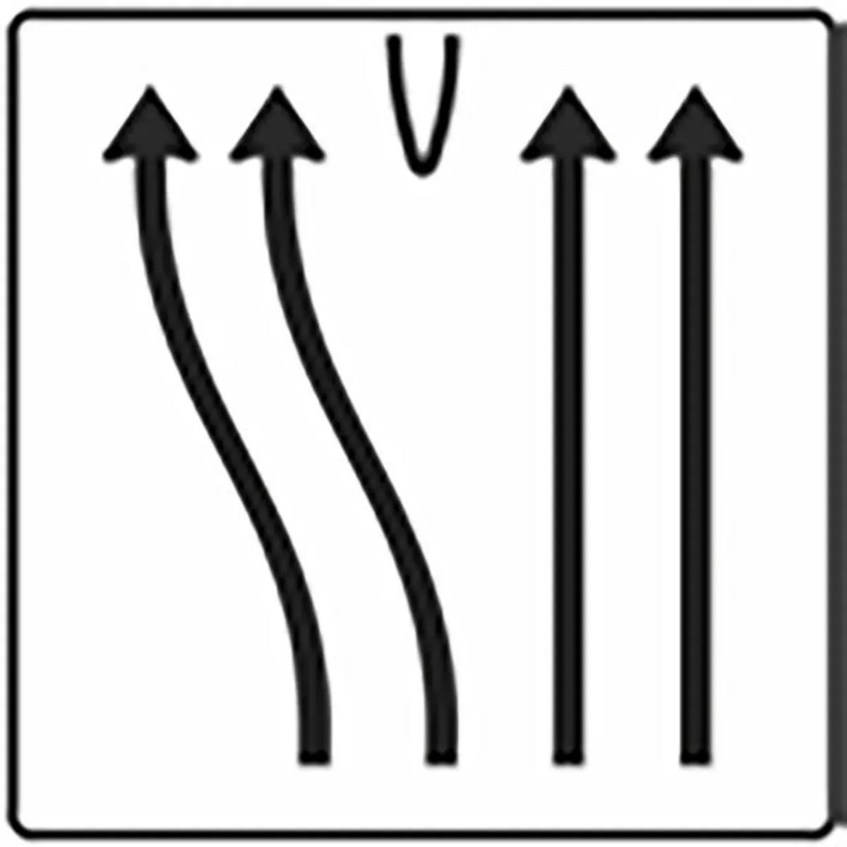 Verkehrszeichen VZ501-50 Überleitungstafel ohne Gegenverkehr 4-streifig, davon die beiden linken Fahrstreifen nach links übergeleitet und die beiden rechten Fahrstreifen geradeaus.
