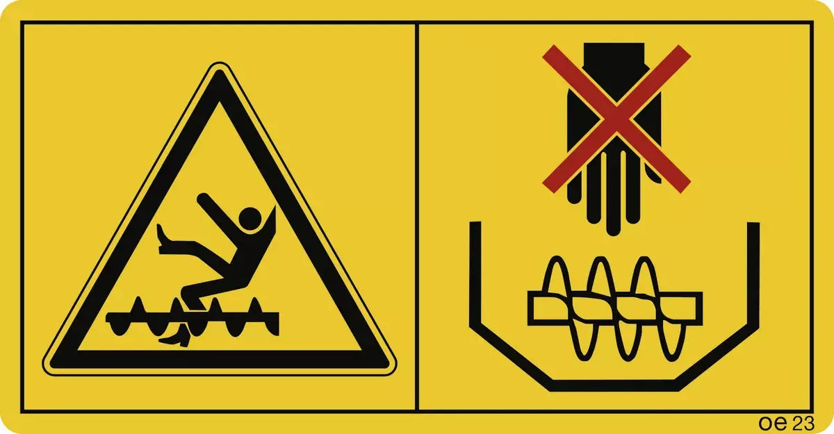 Niemals bei laufendem Motor in den Korntank fassen ...(Querformat), Symbolschild, ISO 11684