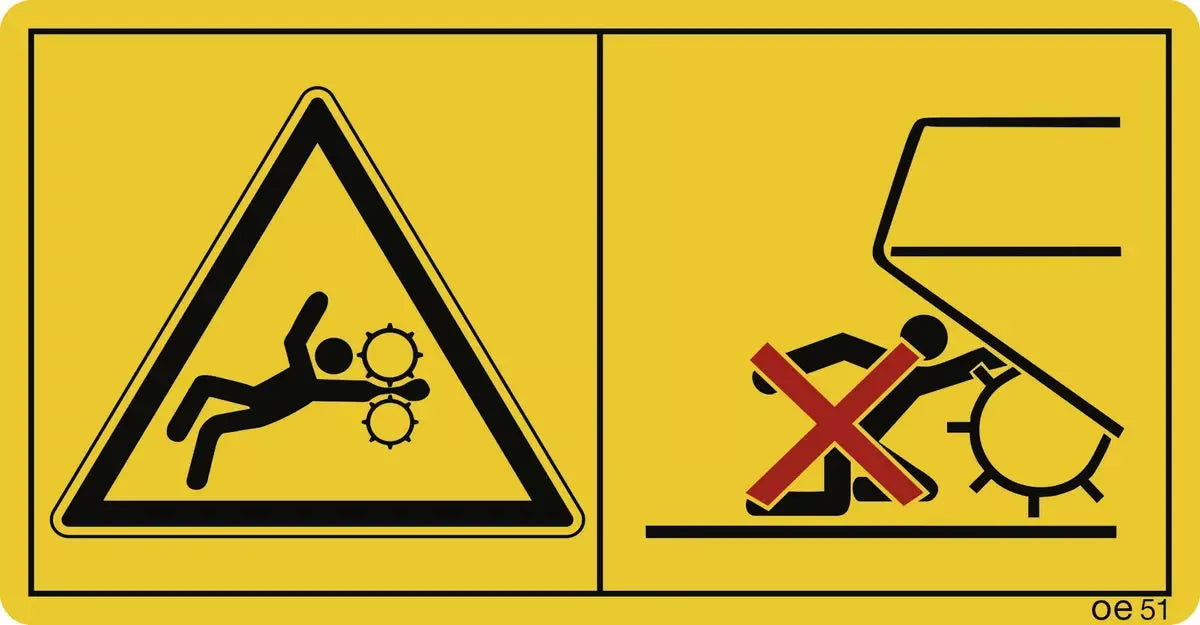 Niemals in den Pick-up Bereich greifen, solange der Traktormotor...(Querformat), Symbolschild, ISO 11684