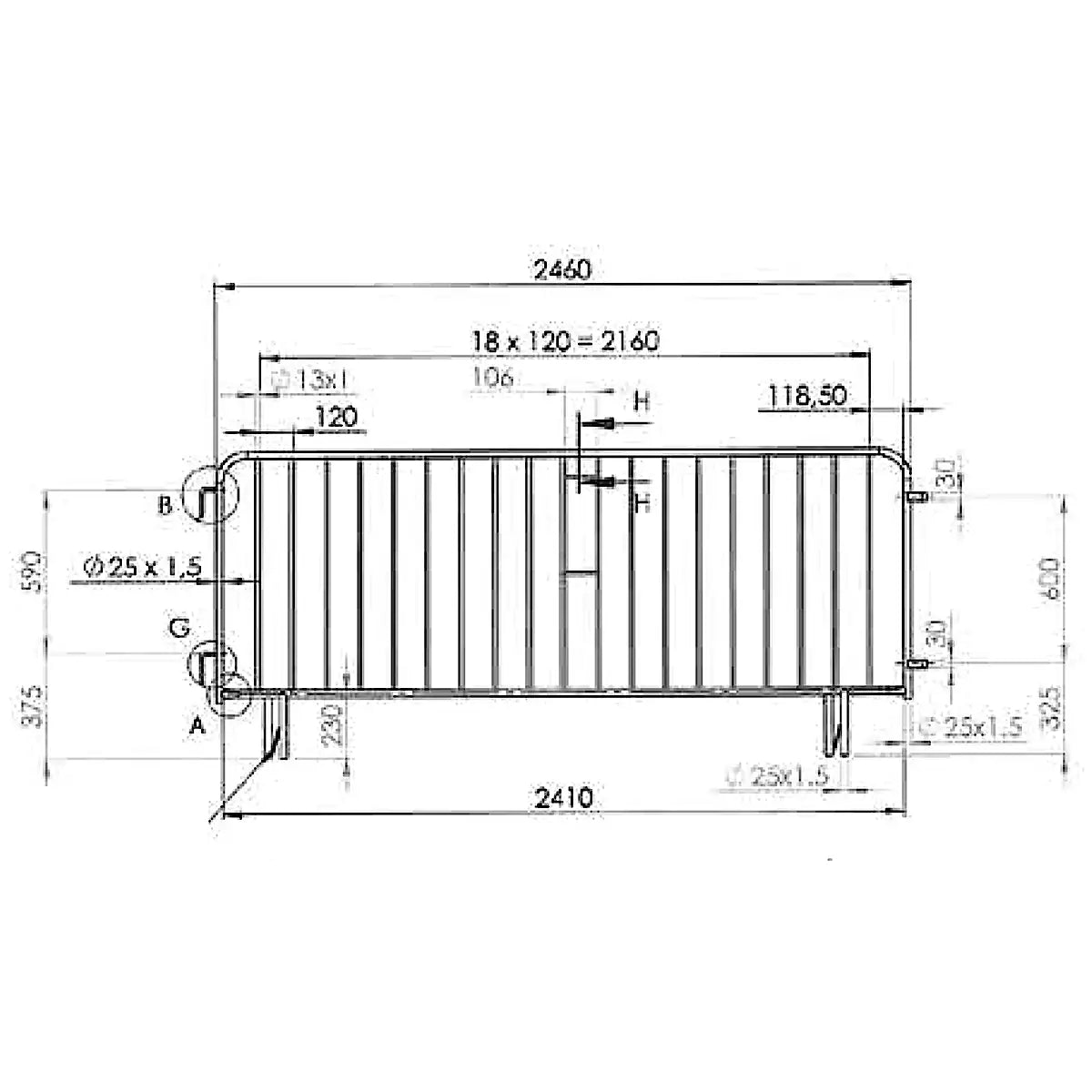 Absperrgitter Typ Leicht 25, 2460x1100 mm - Rohr ø 25 mm - Stäbe ø 13 mm