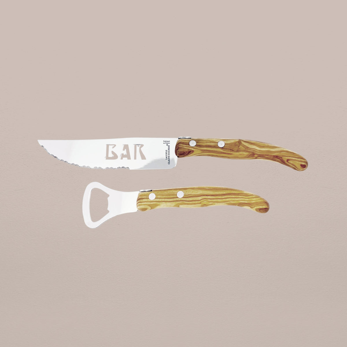 2-Piece Bar Knife & Bottle Opener Set - Olive Wood