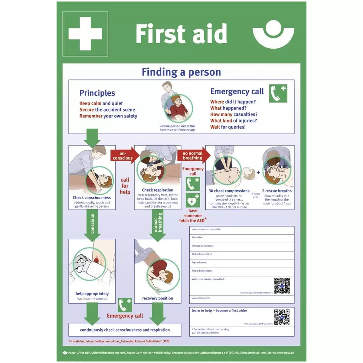 Erste Hilfe nach DGUV Information 204-005, PVC, Englische Version, 410x590 mm