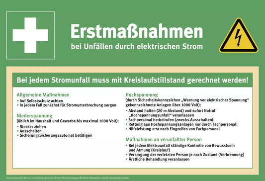 Zusatzschild Erstmaßnahmen bei Unfällen mit elektr. Strom, PVC, 410x280 mm