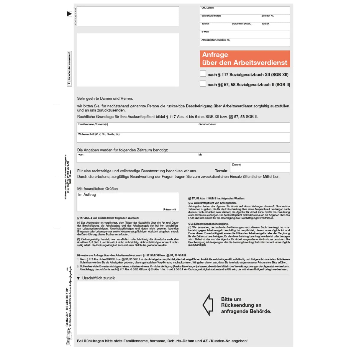 Anfrage über den Arbeitsverdienst mit Einkommensbescheinigung, DIN A4, 2-seitig