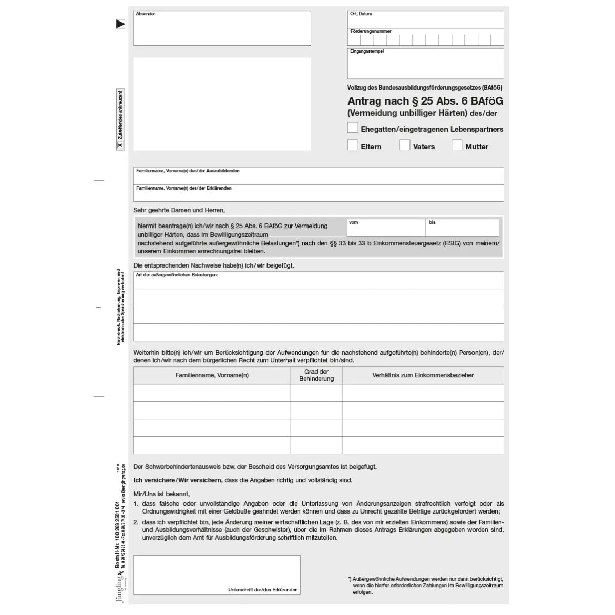 Antrag nach § 25 (6) BAföG zur Vermeidung unbilliger Härten, A4