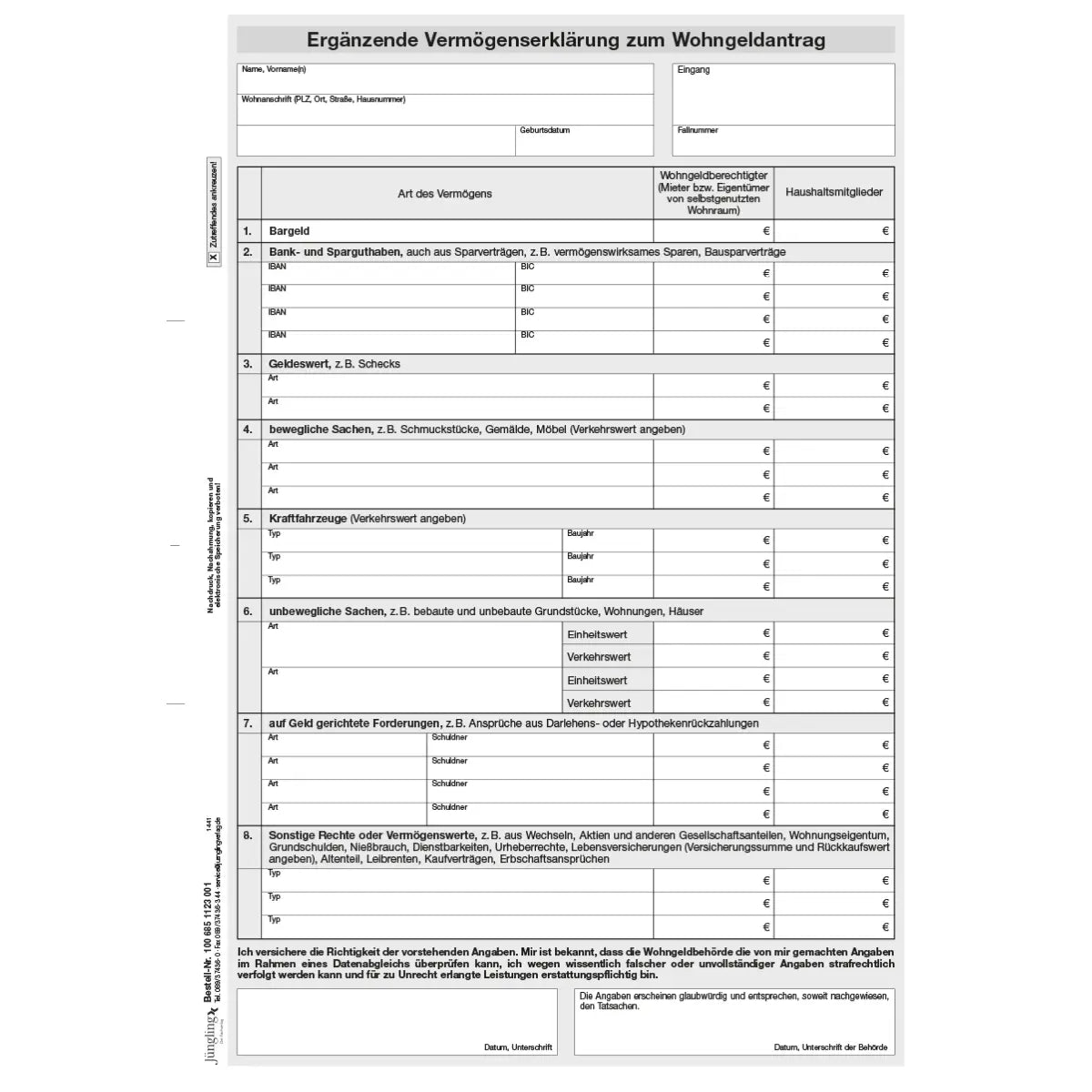 Ergänzende Vermögenserklärung zum Wohngeldantrag, A4, weiß,