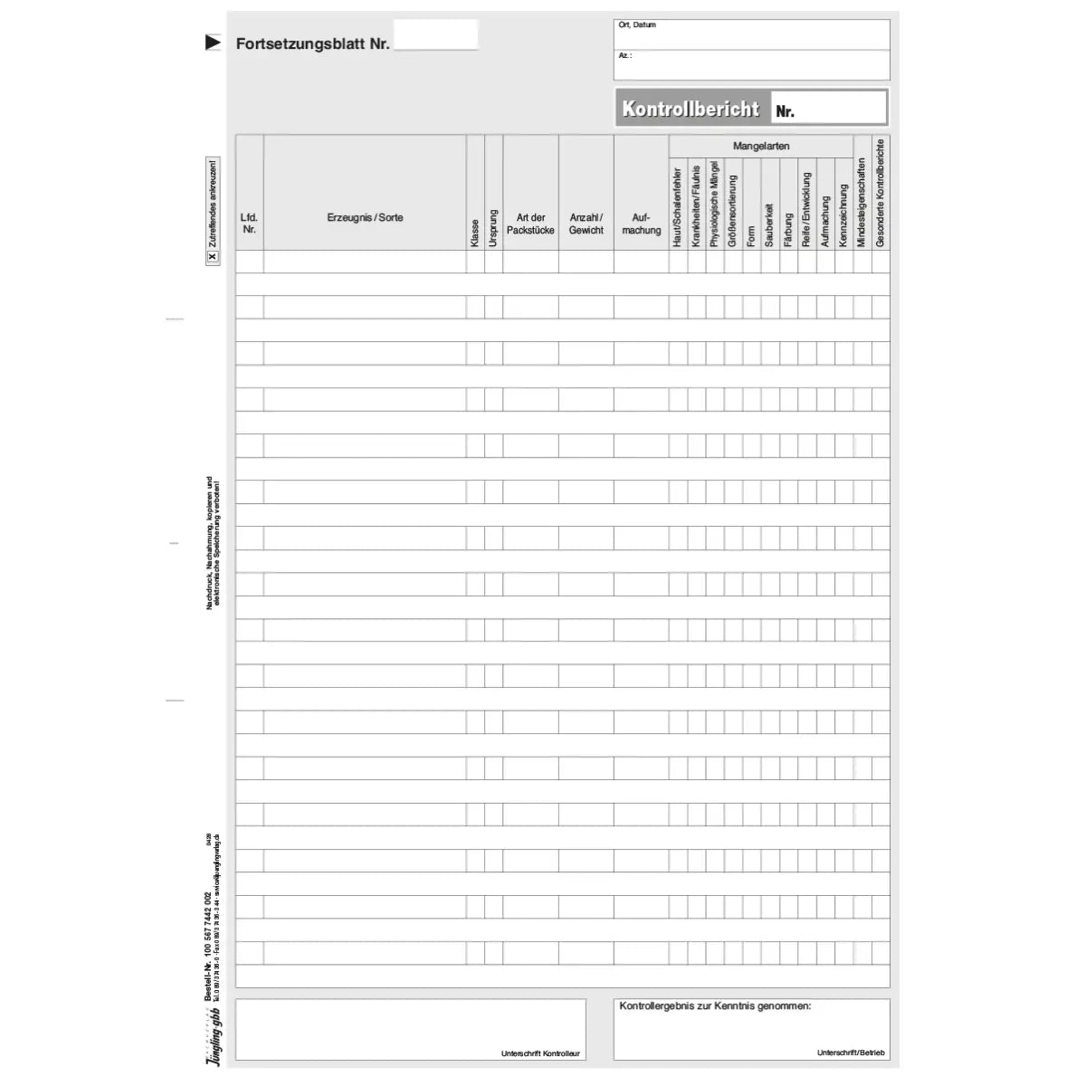Fortsetzungsblatt zum Vordruck 100 567 7441 002, A4 2-fach