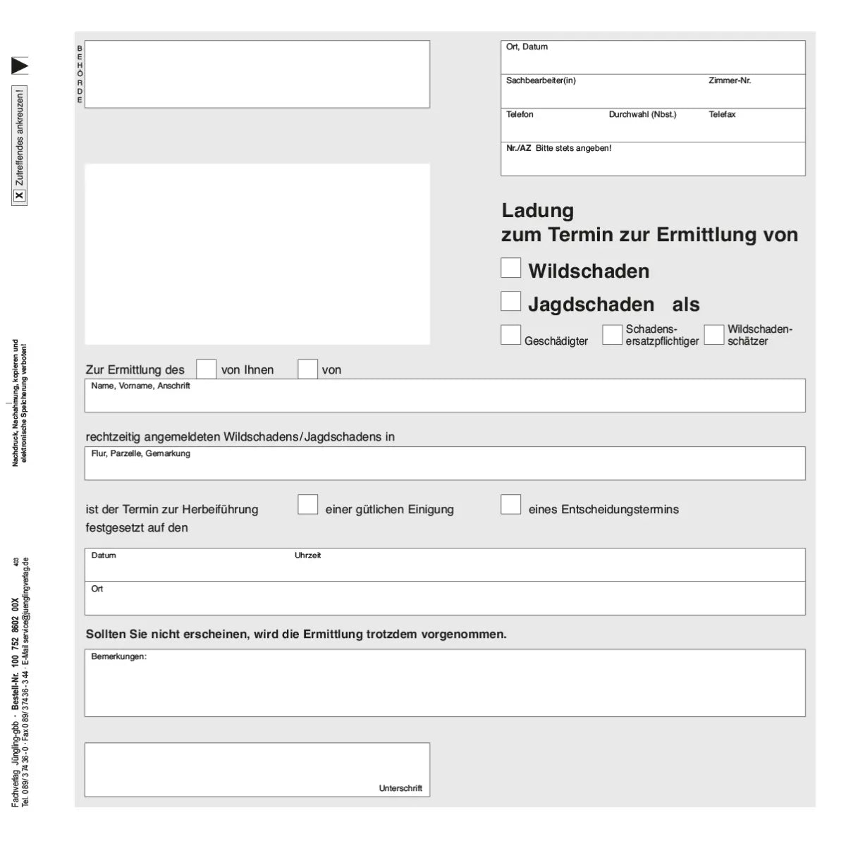 Ladung zum Termin zur Ermittlung von Wildschaden / Jagdschaden, 2/3 A4