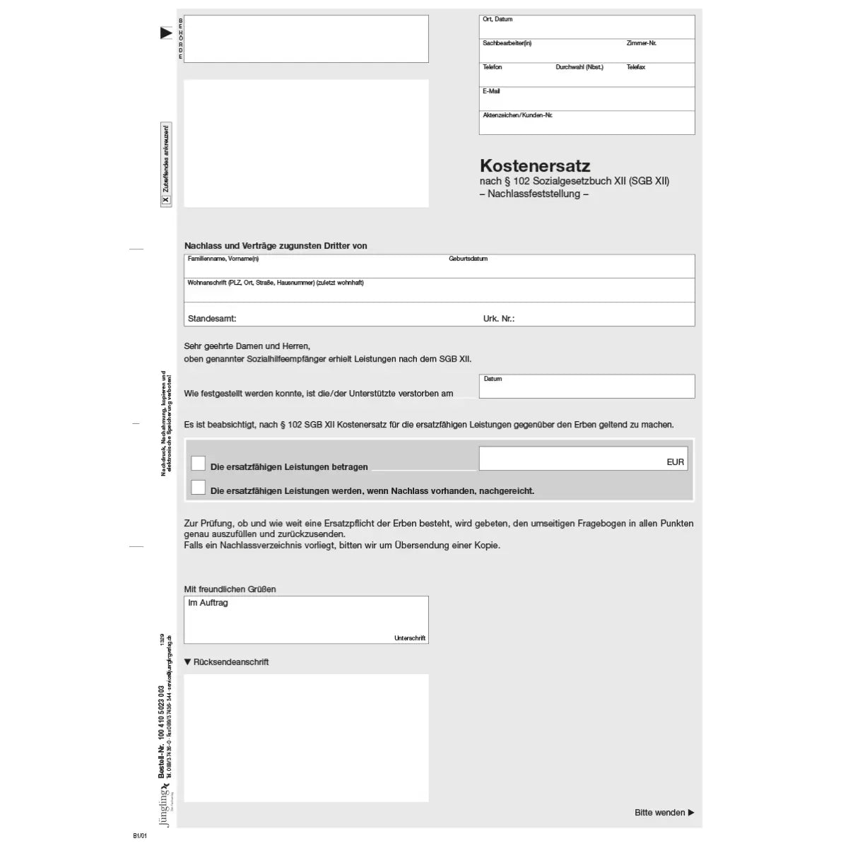 Nachlassfeststellung bei Nachlassgericht (§ 102 SGB XII), A4 3-fach