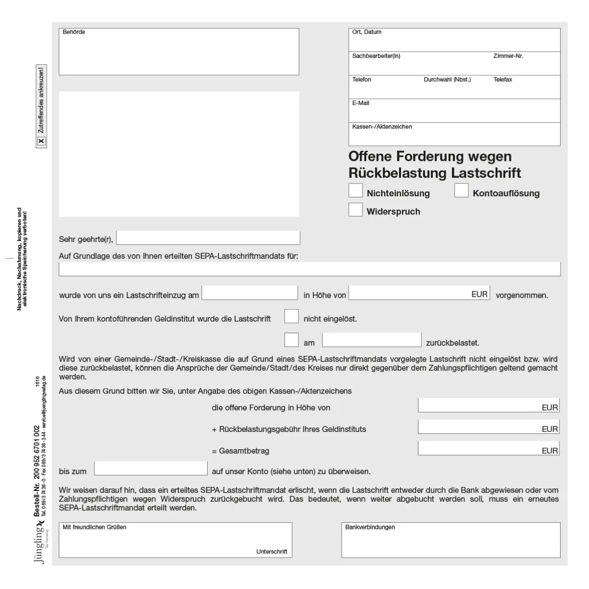 Offene Forderung wegen Rückbelastung, 2/3 DIN A4 2-fach
