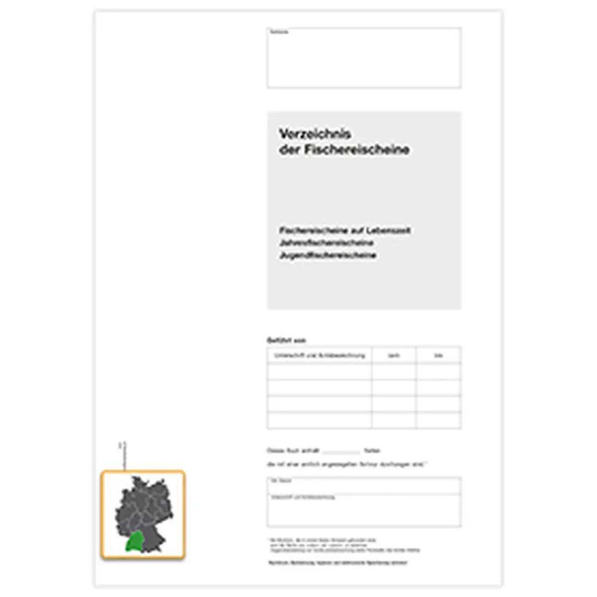 Verzeichnis Fischereischeine - Titelbogen, A4 4-seitig