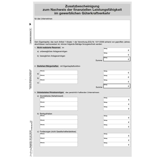 Zusatzbescheinigung zum Nachweis der finanziellen Leistungsfähigkeit im gewerblichen Güterkraftverkehr, A4