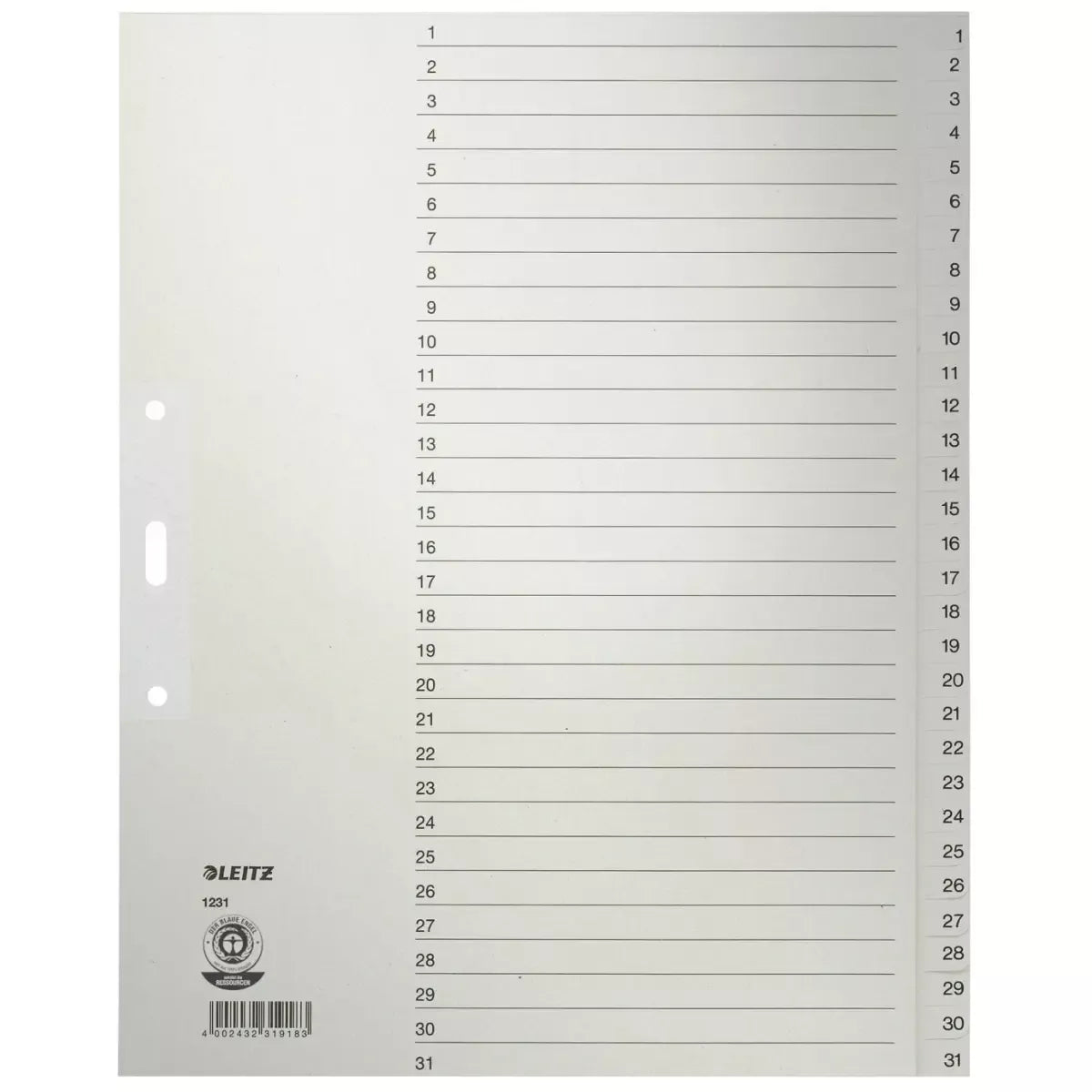 1231 Zahlenregister - 1-31, Papier, A4 Überbreite, 31 Blatt