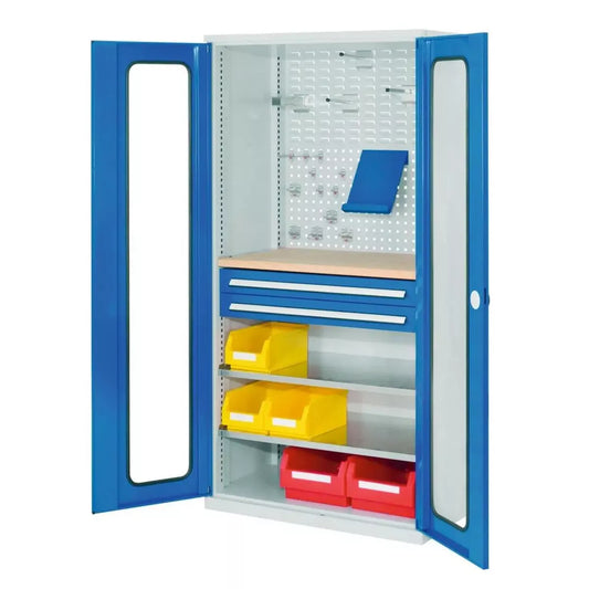 Werkzeugschrank, Türen mit Sichtfenster, 1 Werkbankplatte, 2 Schubl. + 2 Fachb., BxTxH 1000x600x1950 mm, RAL 7035/5010