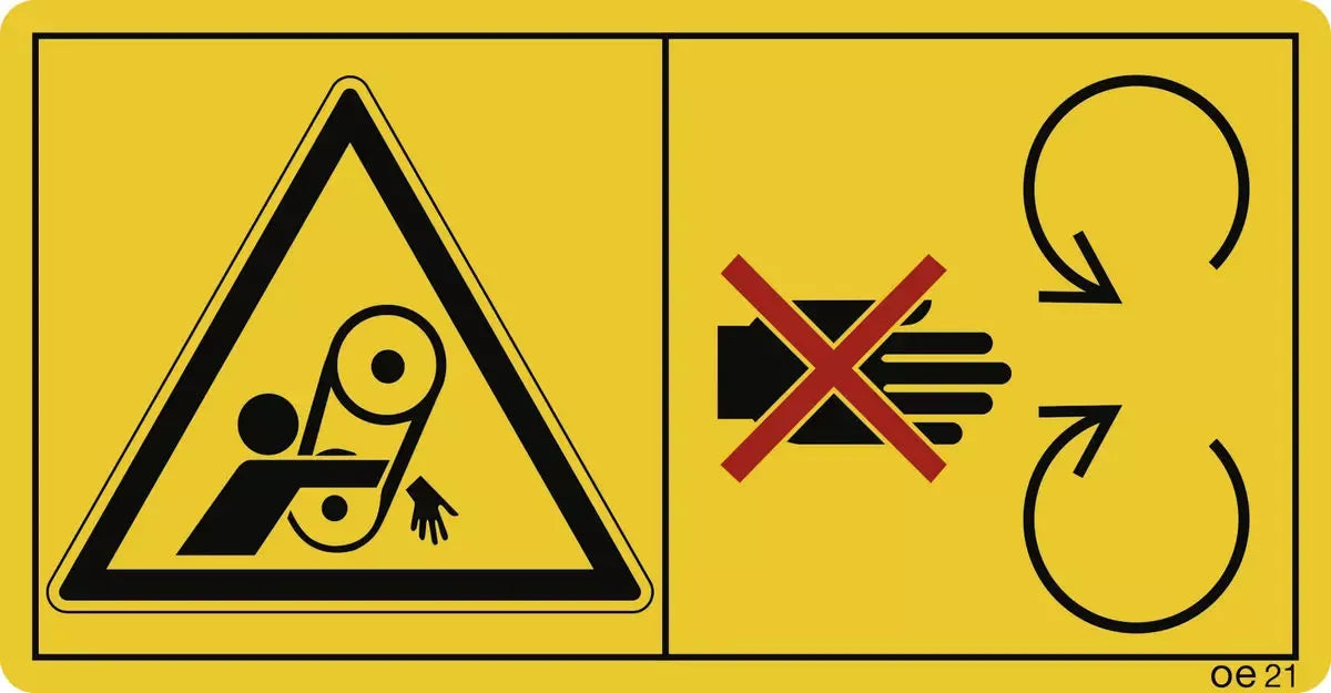 Bei laufendem Motor niemals Schutzeinrichtungen öffnen o. entfernen, (Querformat), Symbolschild, ISO 11684