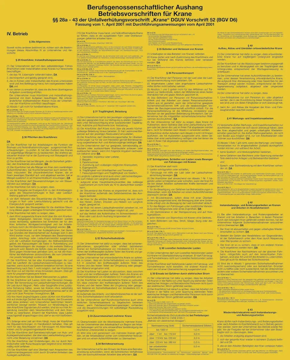 Betriebsvorschriften für Krane, Textschild