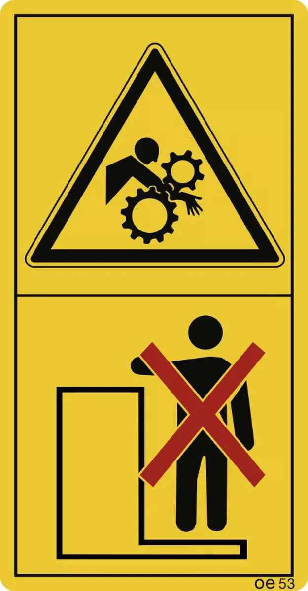 Nicht auf die Maschine steigen, solange der Motor läuft. (Hochformat), Symbolschild, ISO 11684