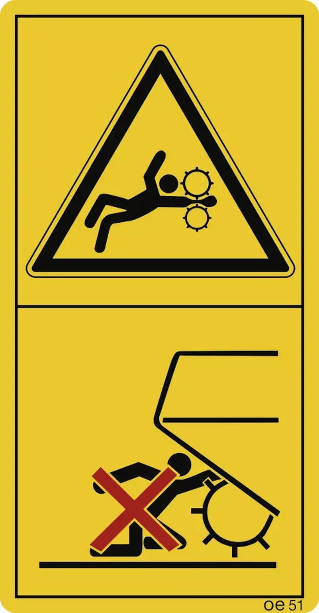 Niemals in den Pick-up Bereich greifen, solange der Traktormotor...(Hochformat), Symbolschild, ISO 11684