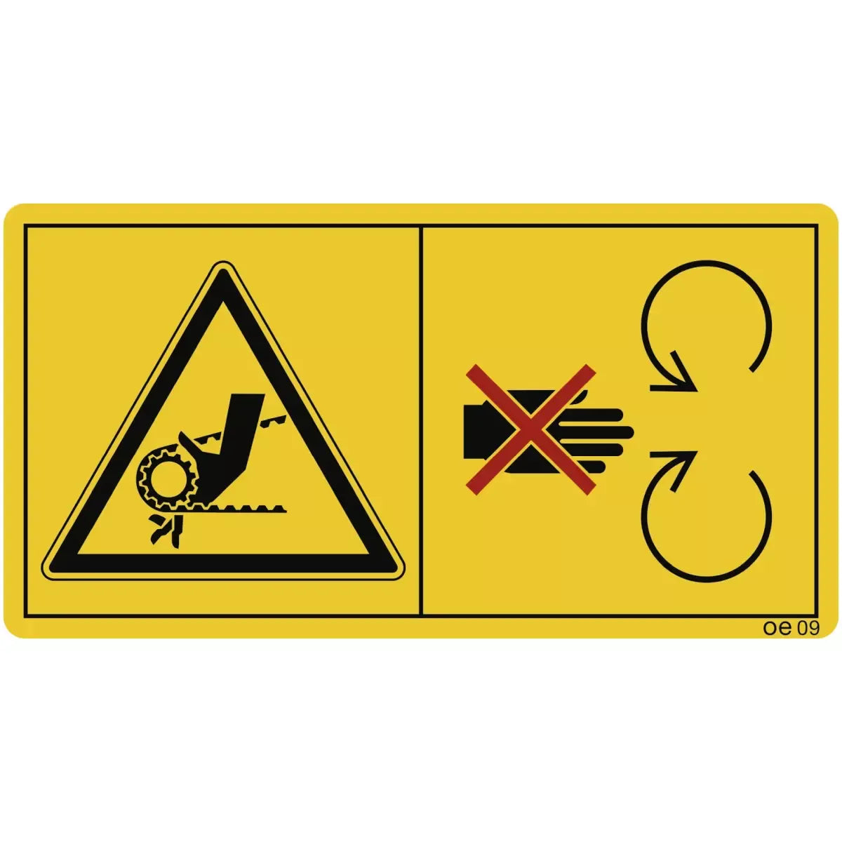 Schutzeinrichtung bei laufendem Motor nicht öffnen oder entfernen (Querformat), Symbolschild, ISO 11684